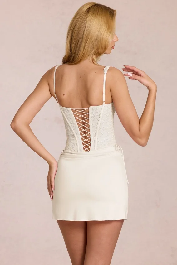 Vestito corto a corsetto in pizzo Aralyn color avorio