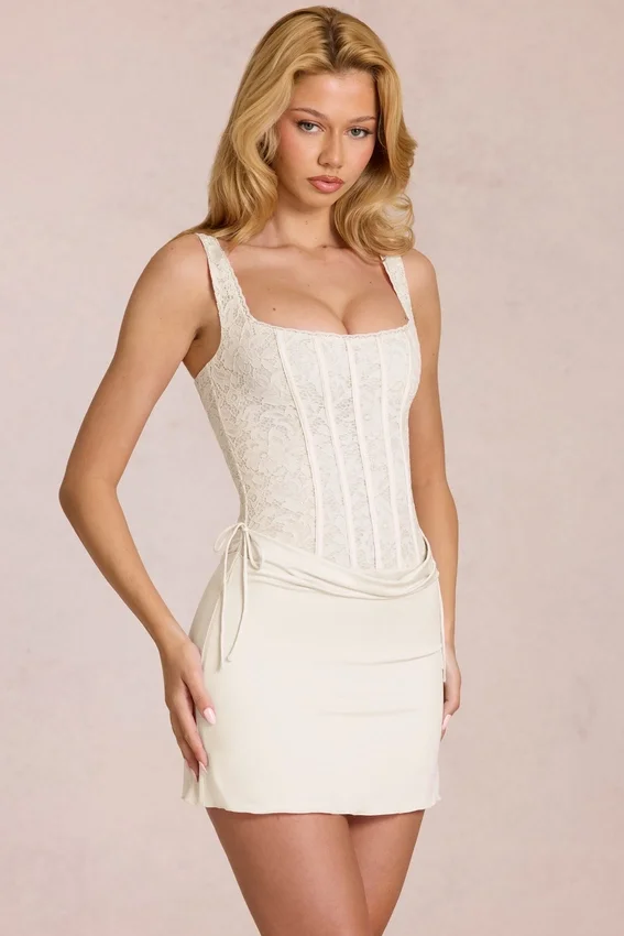 Vestito corto a corsetto in pizzo Aralyn color avorio