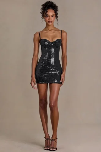 Vestito corto a corsetto in pizzo con paillettes Theodora Premium, nero