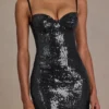 Vestito corto a corsetto in pizzo con paillettes Theodora Premium, nero