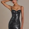 Vestito corto a corsetto in pizzo con paillettes Theodora Premium, nero
