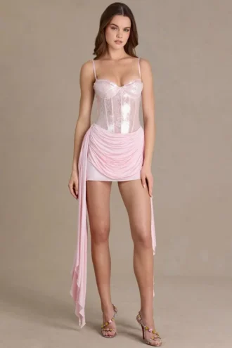 Vestito corto a corsetto in pizzo decorato Genevieve in rosa confetto