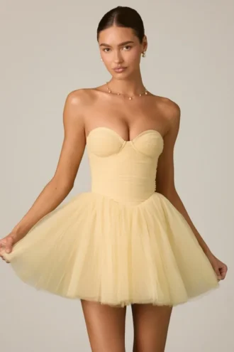 Vestito corto a corsetto in tulle Dottie, giallo