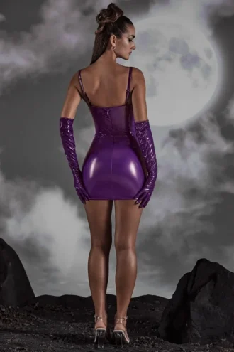 Vestito corto a corsetto in vinile con cut-out Pandora in viola