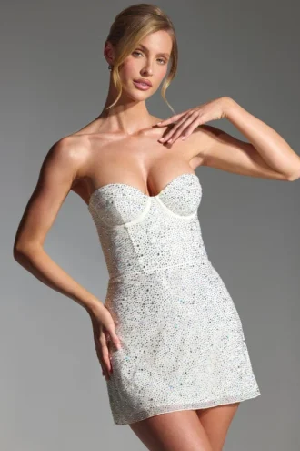 Vestito corto a corsetto senza spalline Crystella con decorazioni in bianco