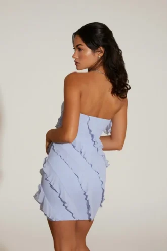 Vestito corto a fascia con volant Tatiana in blu
