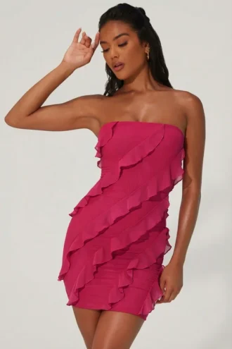 Vestito corto a fascia con volant Tatiana in fucsia