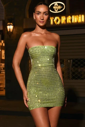 Vestito corto a fascia decorato Aurora in verde pera