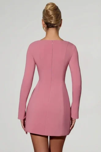 Vestito corto A-line a maniche lunghe con scollo a cuore Corinne in rosa antico
