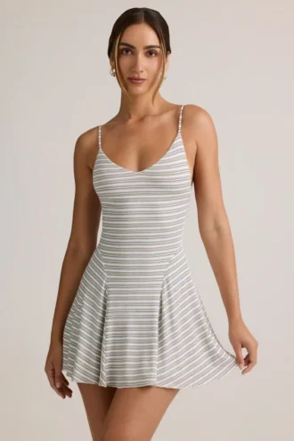 Vestito corto A-line con lacci sul retro a coste in modal Mansi a righe blu e gialle