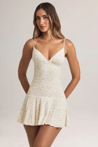 Vestito corto A-line con ruches in modal Kelbie con stampa floreale
