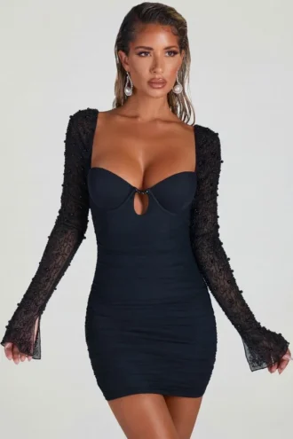 Vestito corto a maniche lunghe con decorazioni St Germain in nero