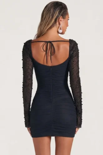 Vestito corto a maniche lunghe con decorazioni St Germain in nero
