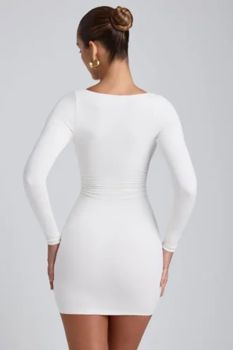 Vestito corto a maniche lunghe con ruches in modal Sana, bianco