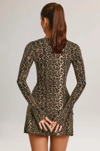 Vestito corto a maniche lunghe in modal Iskra con stampa leopardata