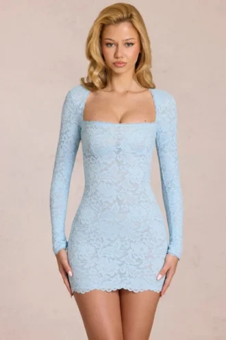 Vestito corto a maniche lunghe in pizzo smerlato Darla in blu polvere