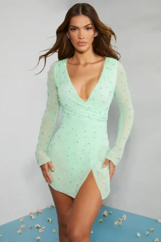 Vestito corto a trapezio con drappeggio Chelsea decorato in verde menta