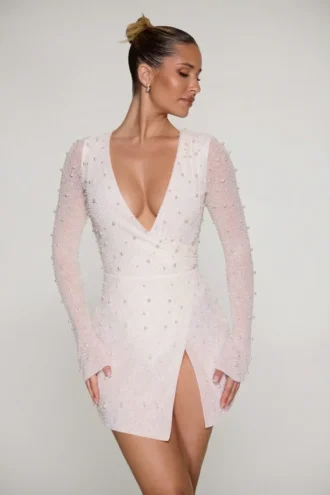 Vestito corto a trapezio con drappeggio e decorazioni Chelsea in avorio