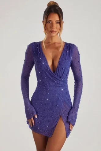 Vestito corto a trapezio con drappeggio e decorazioni Chelsea in blu scuro