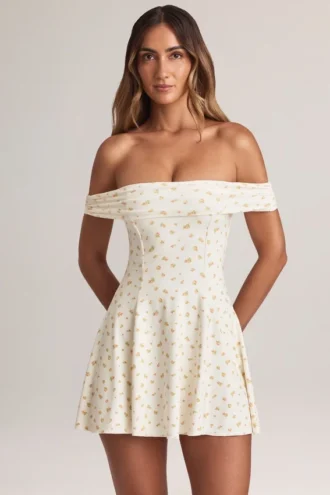 Vestito corto a trapezio con spalle scoperte Jaida in Modal con stampa floreale