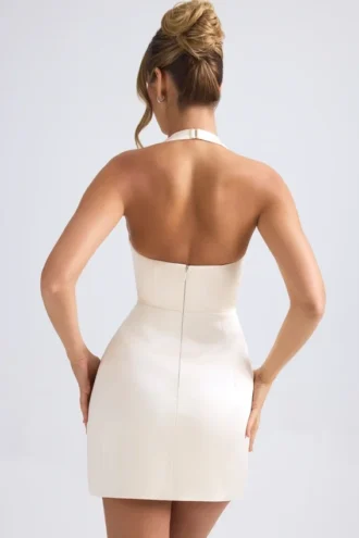 Vestito corto a tulipano strutturato con scollo all’americana Harmonia in avorio