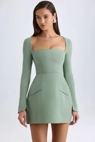 Vestito corto a tulipano strutturato con scollo quadrato Taesha in verde kaki