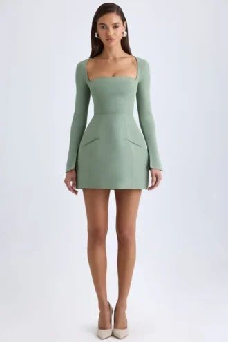 Vestito corto a tulipano strutturato con scollo quadrato Taesha in verde kaki