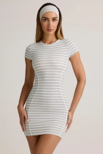 Vestito corto aderente a maniche corte in modal Jazlyn a righe blu e gialle