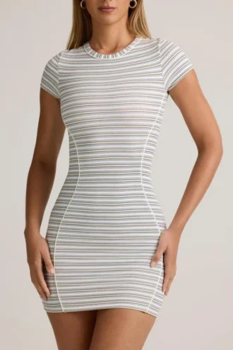 Vestito corto aderente a maniche corte in modal Jazlyn a righe blu e gialle
