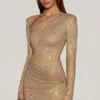 Vestito corto aderente asimmetrico con decorazioni Nevina in oro