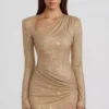 Vestito corto aderente asimmetrico con decorazioni Nevina in oro
