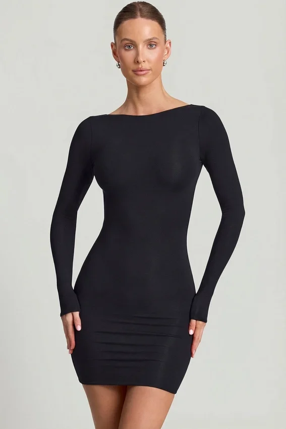 Vestito corto aderente con schiena scoperta Lyla in Modal, colore nero Vestito corto aderente con schiena scoperta Lyla in Modal, colore nero