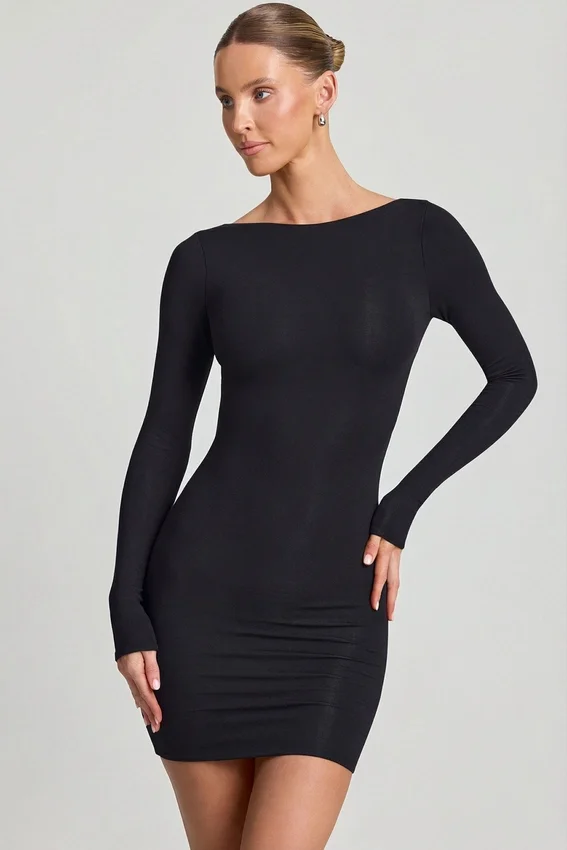 Vestito corto aderente con schiena scoperta Lyla in Modal, colore nero Vestito corto aderente con schiena scoperta Lyla in Modal, colore nero