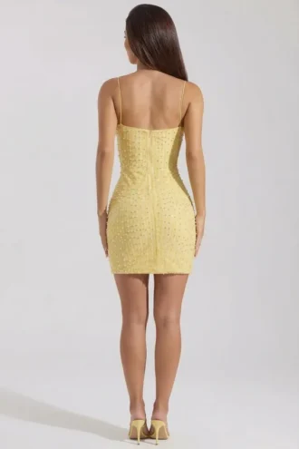 Vestito corto aderente con scollo rotondo decorato Lunetta in giallo