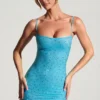 Vestito corto aderente decorato Aellin in blu acquamarina