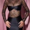 Vestito corto aderente drappeggiato con inserti in pizzo a maniche lunghe Eliette in nero Vestito corto aderente drappeggiato con inserti in pizzo a maniche lunghe Eliette in nero