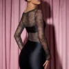 Vestito corto aderente drappeggiato con inserti in pizzo a maniche lunghe Eliette in nero Vestito corto aderente drappeggiato con inserti in pizzo a maniche lunghe Eliette in nero