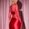 Vestito corto aderente drappeggiato con inserti in pizzo a maniche lunghe Eliette in rosso Vestito corto aderente drappeggiato con inserti in pizzo a maniche lunghe Eliette in rosso