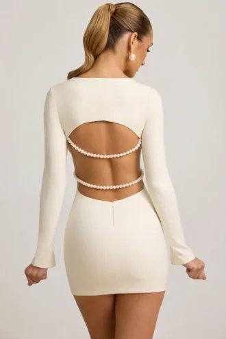 Vestito corto Akari con dettagli in perle e cut-out in avorio