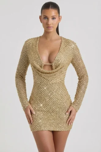Vestito corto Arlowe con collo a cappuccio decorato in oro