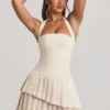 Vestito corto asimmetrico a strati con scollo all’americana Rosaria in avorio