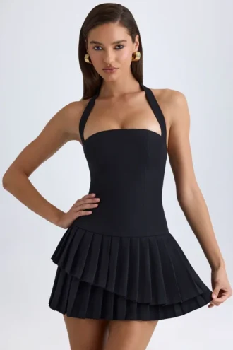 Vestito corto asimmetrico a strati con scollo all’americana Rosaria in nero