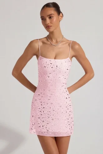 Vestito corto Averie trasparente con decorazioni e scollo quadrato in rosa