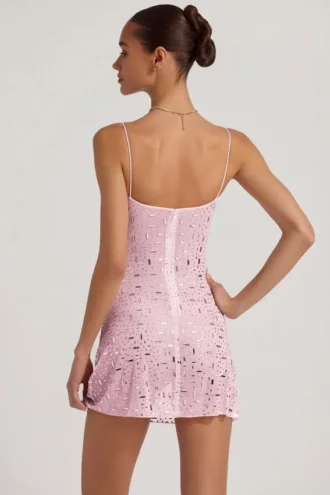 Vestito corto Averie trasparente con decorazioni e scollo quadrato in rosa