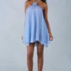 Vestito corto babydoll con scollo all’americana Evania con stampa a pois blu