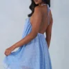 Vestito corto babydoll con scollo all’americana Evania con stampa a pois blu