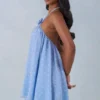Vestito corto babydoll con scollo all’americana Evania con stampa a pois blu