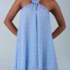 Vestito corto babydoll con scollo all’americana Evania con stampa a pois blu