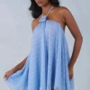 Vestito corto babydoll con scollo all’americana Evania con stampa a pois blu