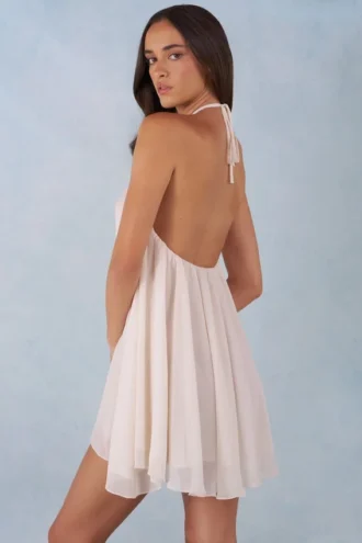 Vestito corto babydoll con scollo all’americana Evania in avorio